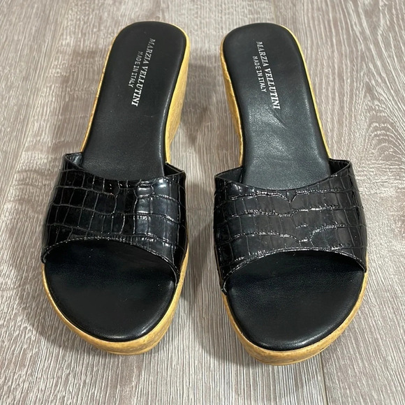 Marzia Vellutini Italian Wedge Slip On Sandals Black Patent Croc Faux Cork 6.5 - Picture 5 of 16